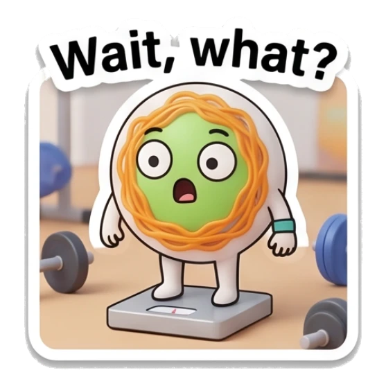 Noodle character on a scale looking shocked with text Wait, what? Gym Noodle Buddies sticker for expressive chats and social replies.