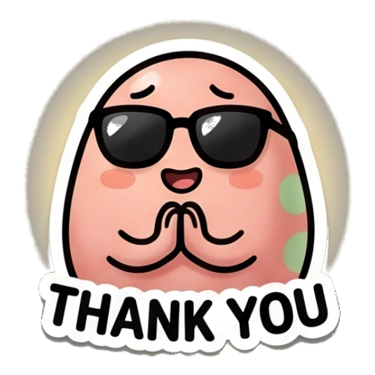 Pink egg with sunglasses praying with a glow effect and text THANK YOU Pinky Egg Expressions sticker for expressive chats and social replies.