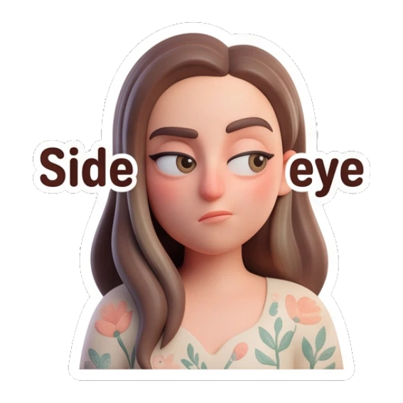 Girl giving a skeptical side-eye look Cheerful 3D Girl Expressions sticker for expressive chats and social replies.