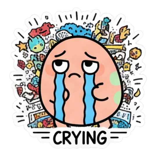 Doodle egg weeping with blue tears streaming down, text CRYING Doodle Egg Adventures sticker for expressive chats and social replies.