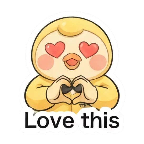 Loving duckling making a heart shape with hands saying Love this. Little Yellow Duckling Moods sticker for expressive chats and social replies.