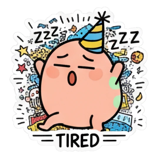 Doodle egg wearing a party hat and sleeping with ZZZs, text TIRED Doodle Egg Adventures sticker for expressive chats and social replies.