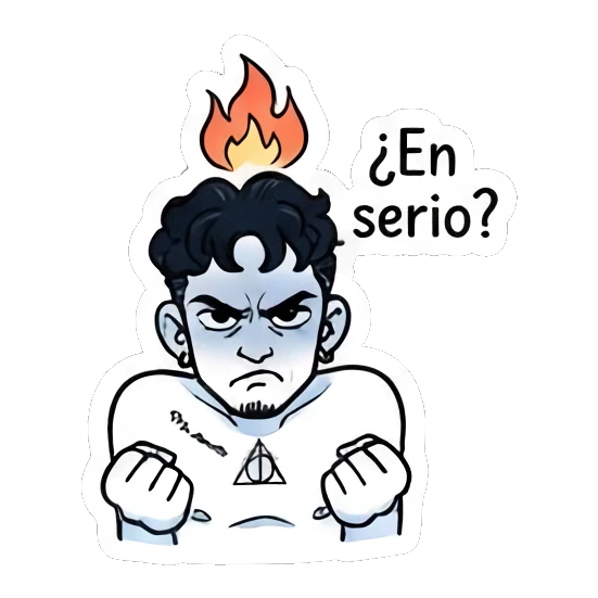 Angry boy with a flame on his head and '¿En serio?' text. Curly Haired Boy Daily Vibes sticker for expressive chats and social replies.