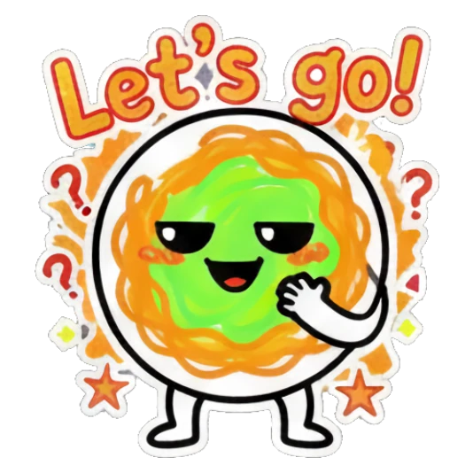 Spaghetti character smiling and waving with 'Let's go!' text. Spaghetti Doodle Pals sticker for expressive chats and social replies.