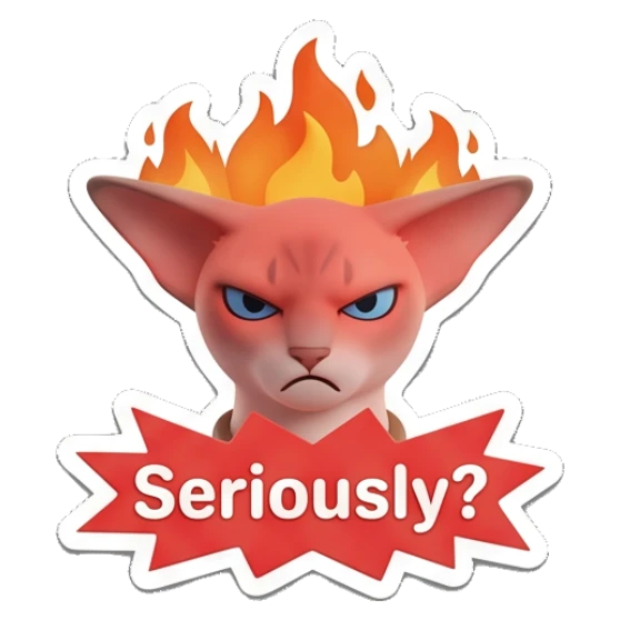 Sphynx cat angry with fire on head and text Seriously? Sphynx Cat Moods sticker for expressive chats and social replies.