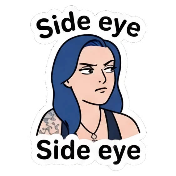 Sassy girl giving a side-eye glance with a skeptical expression. Blue Hair Girl Daily Life sticker for expressive chats and social replies.