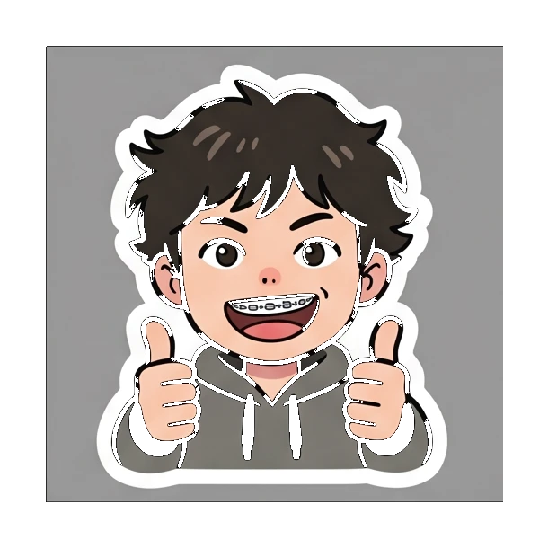 Boy with braces giving double thumbs up Cheerful Braces Boy sticker for expressive chats and social replies.