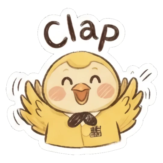 Happy yellow chick clapping wings with text Clap. Fluffy Yellow Chick Daily sticker for expressive chats and social replies.