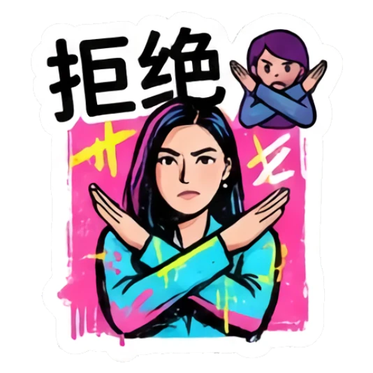 Defiant girl crossing arms in an X gesture, saying no. Vibrant Urban Girl Expressions sticker for expressive chats and social replies.