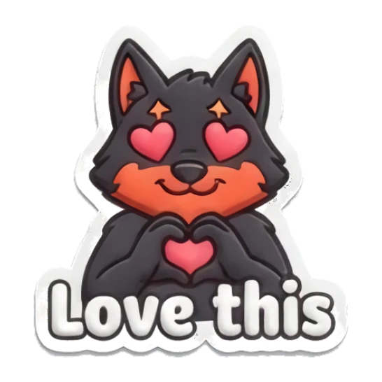 Loving wolf with heart eyes making heart shape Puffy Wolf Moods sticker for expressive chats and social replies.