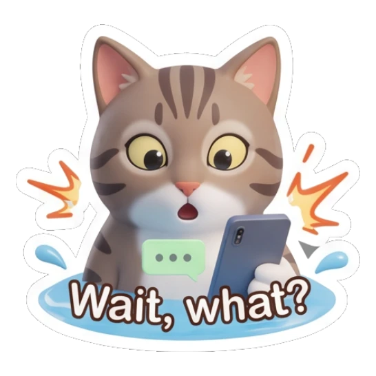 Tabby cat looking shocked at a smartphone, text Wait what Tabby Cat Daily Vibes sticker for expressive chats and social replies.
