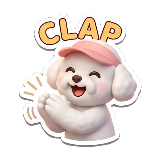 Bichon clapping hands wearing a pink cap, Clap text Bichon Buddy Daily Vibes sticker for expressive chats and social replies.