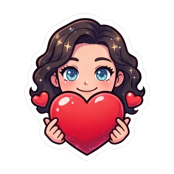 Girl holding a large red heart with a loving smile Sparkly Curly Girl Daily sticker for expressive chats and social replies.