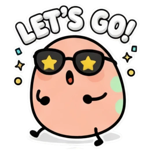Egg character with star glasses jumping text LET'S GO Puffy Egg Pals sticker for expressive chats and social replies.