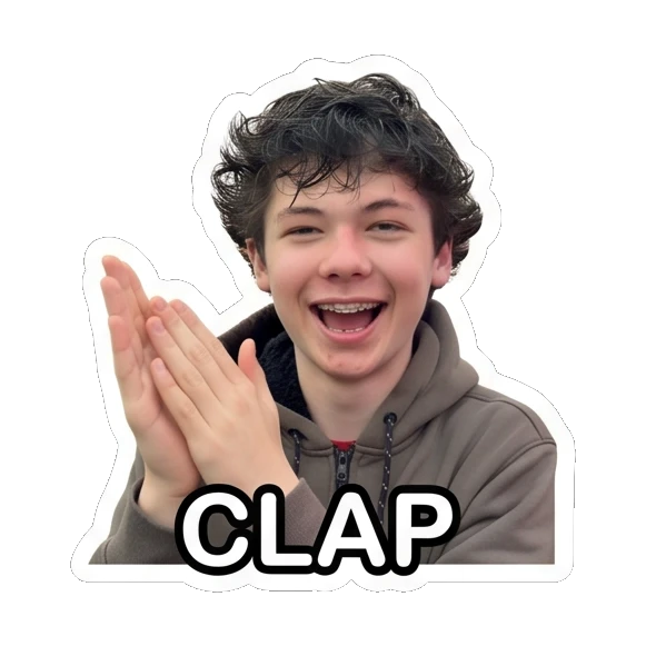 Teen boy clapping hands, happy, text CLAP Teen Boy Daily Expressions sticker for expressive chats and social replies.