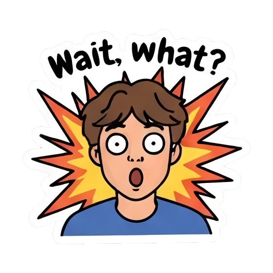 Boy looking shocked with 'Wait, what?' text Cool Guy Daily Vibes sticker for expressive chats and social replies.