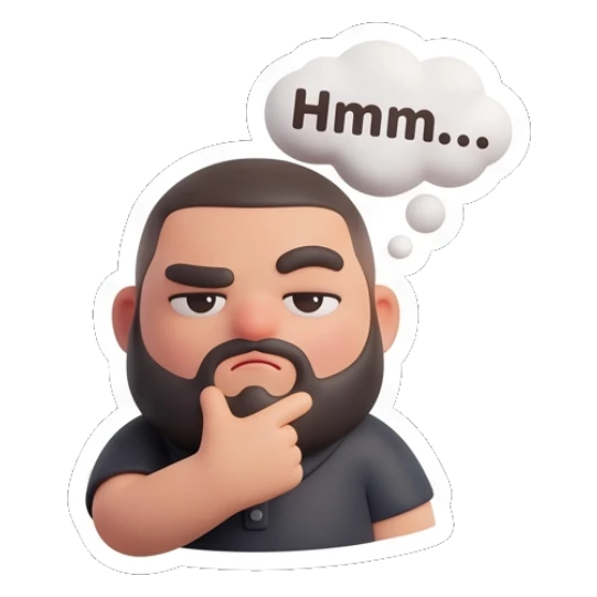 Bearded man thinking with a hand on his chin. Bearded Buddy Expressions sticker for expressive chats and social replies.