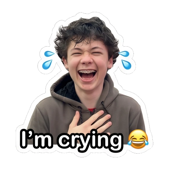 Teen boy laughing with tears, text I'm crying Teen Boy Daily Expressions sticker for expressive chats and social replies.