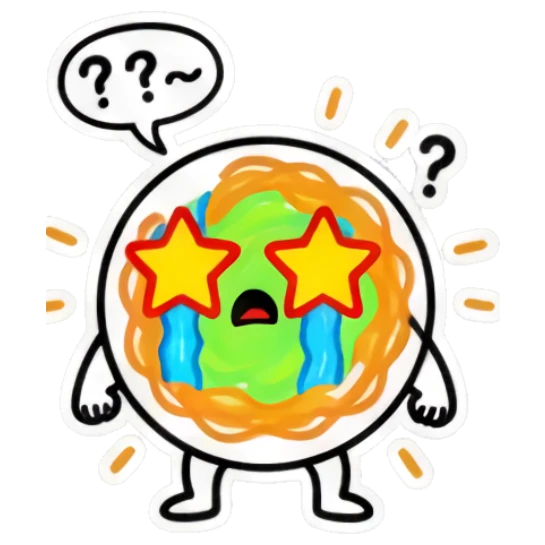 Confused noodle character with star eyes and question marks. Spicy Noodle Moods sticker for expressive chats and social replies.
