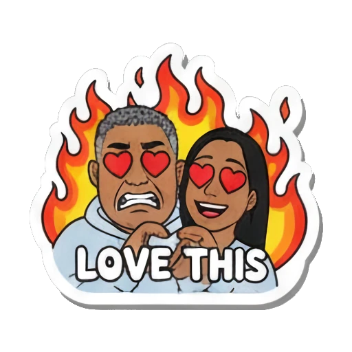 Man and woman with heart eyes in front of fire Daily Duo Vibes sticker for expressive chats and social replies.