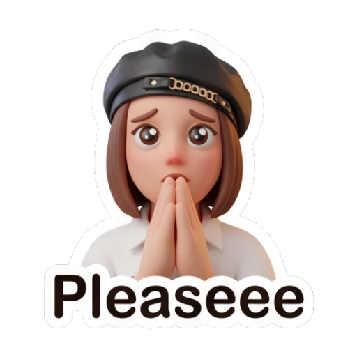 Pleading girl in beret with hands together, text Pleaseee. Chic Beret Girl sticker for expressive chats and social replies.