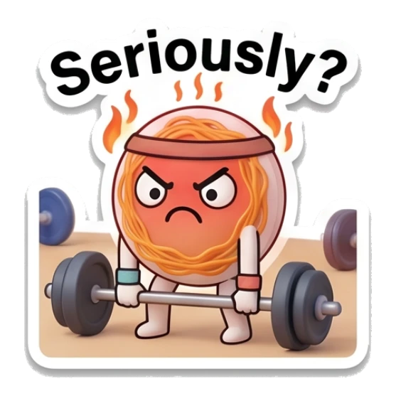 Angry noodle character lifting a heavy barbell with steam and text Seriously? Gym Noodle Buddies sticker for expressive chats and social replies.
