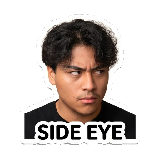 Young man looking sideways with suspicious expression, text 'SIDE EYE' Daily Life of a Cool Guy sticker for expressive chats and social replies.