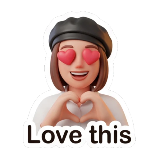 Loving girl in beret making a heart shape with hands, text Love this. Chic Beret Girl sticker for expressive chats and social replies.