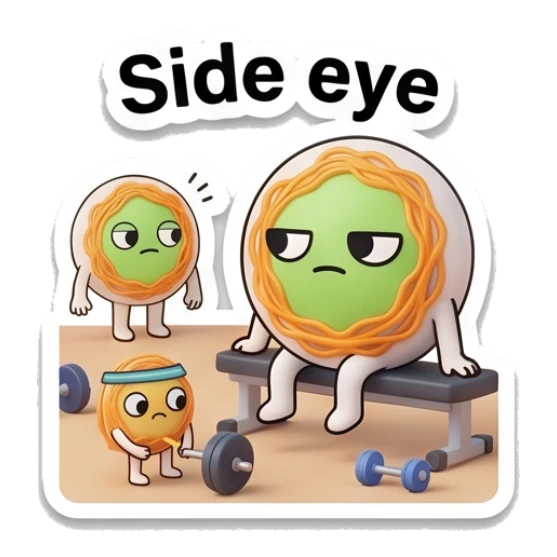 Noodle character giving a judgmental side eye at a smaller noodle with text Side eye Gym Noodle Buddies sticker for expressive chats and social replies.