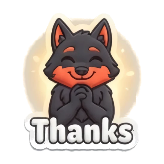 Grateful wolf with hands together saying Thanks Puffy Wolf Moods sticker for expressive chats and social replies.