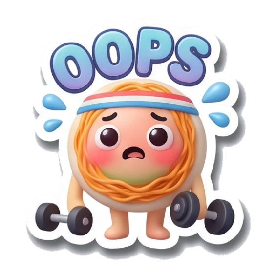Noodle character looking surprised holding dumbbells with OOPS text Gym Buddy Noodles sticker for expressive chats and social replies.