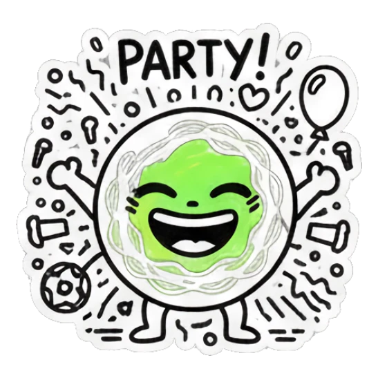 Round doodle character laughing with a green face and 'PARTY!' text. Doodle Doodle Expressions sticker for expressive chats and social replies.