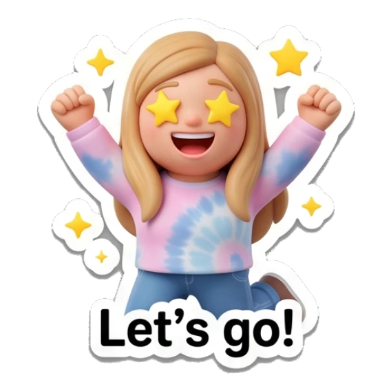 Blonde girl cheering with star eyes, text Let's go Blonde Girl Daily Vibes sticker for expressive chats and social replies.