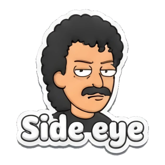 Man giving a skeptical side-eye glance with text Side eye Curly Hair Guy Adventures sticker for expressive chats and social replies.