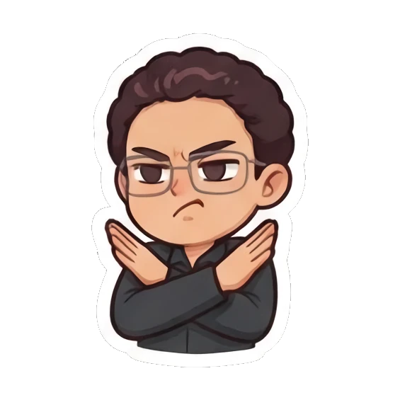 Curly-haired man making an X gesture with arms to show disagreement. Curly Haired Guy Expressions sticker for expressive chats and social replies.