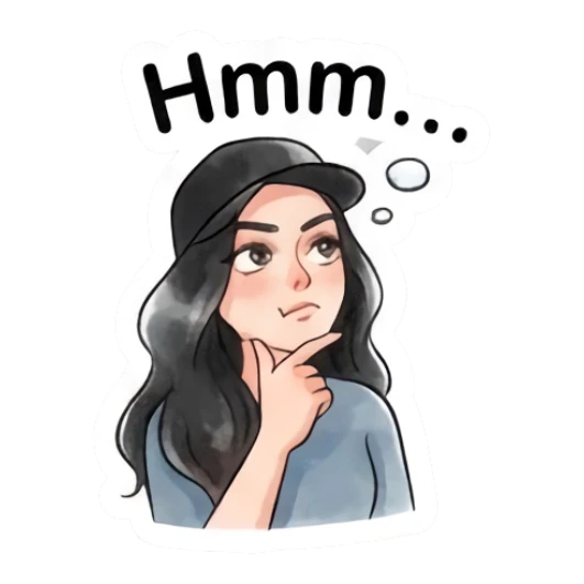 Girl in cap thinking with hand on chin with text Hmm... Modern Girl Daily Vibes sticker for expressive chats and social replies.