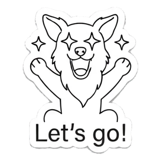 Excited dog with star eyes cheering let's go Indie Line Art Doggy sticker for expressive chats and social replies.