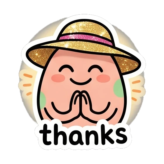 Pink egg in straw hat praying with thanks text Pink Egg Buddy Daily sticker for expressive chats and social replies.