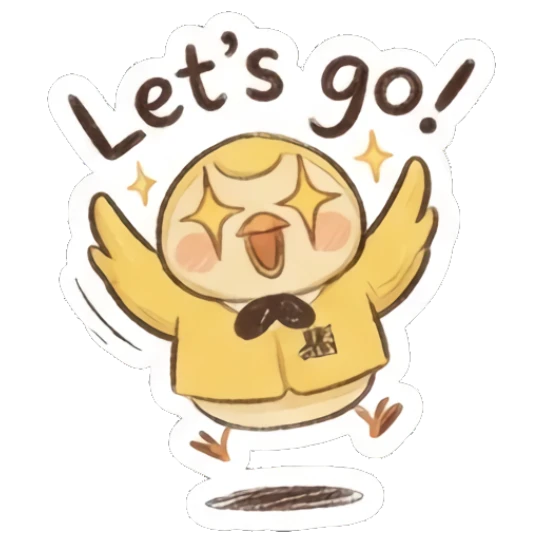 Excited yellow chick jumping with star eyes saying Let's go. Fluffy Yellow Chick Daily sticker for expressive chats and social replies.