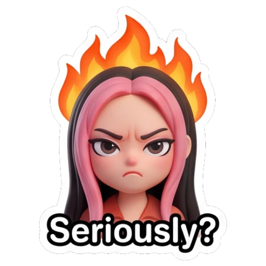 Angry girl with fire background and text Seriously Pink-Haired Trendy Girl sticker for expressive chats and social replies.