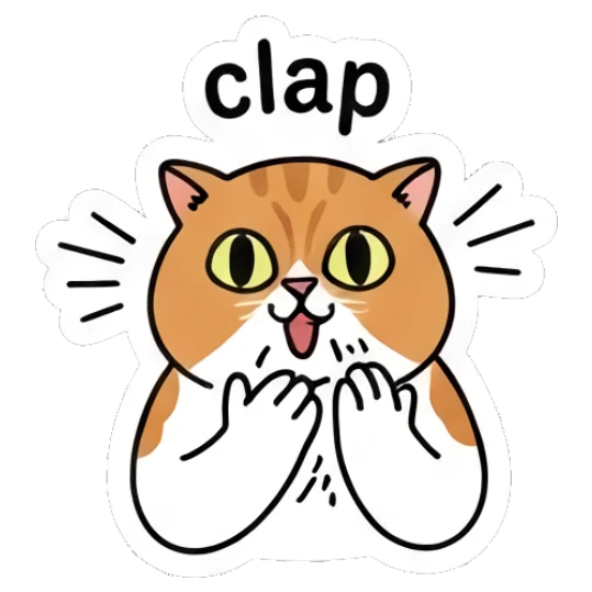 Excited ginger cat clapping hands with 'clap' text. Ginger Cat Daily Vibes sticker for expressive chats and social replies.