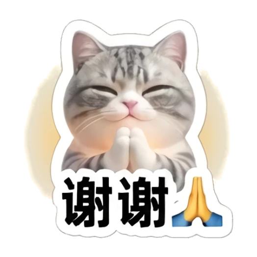Gray cat with hands together in prayer, text '谢谢' Sporty Gray Cat Adventures sticker for expressive chats and social replies.