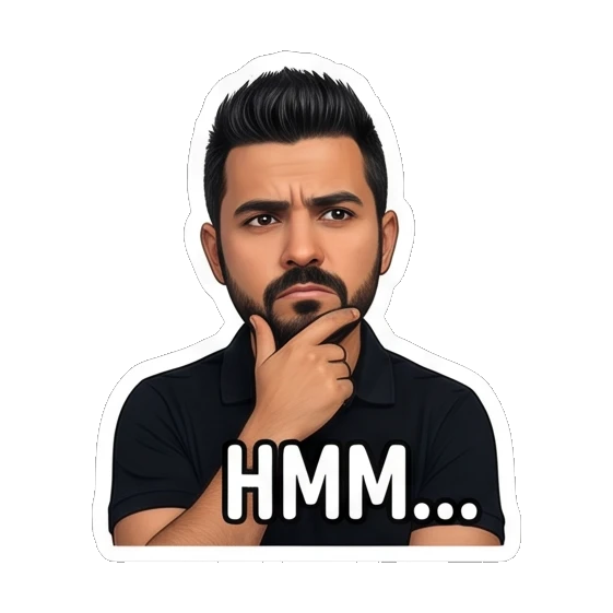 Man thinking with hand on chin, text HMM Modern Man Daily Vibes sticker for expressive chats and social replies.