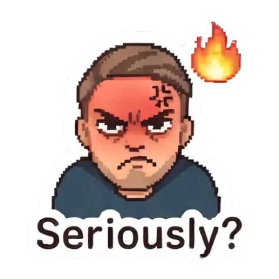 Angry man with a fire icon above his head. Pixel Guy Daily Vibes sticker for expressive chats and social replies.