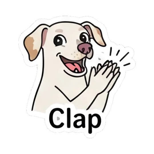 Excited puppy clapping hands with text Clap Playful Spotted Puppy Expressions sticker for expressive chats and social replies.