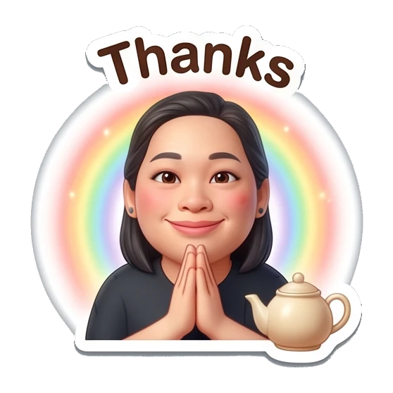 Woman praying with teapot and rainbow, text Thanks Coffee Lover Daily Expressions sticker for expressive chats and social replies.