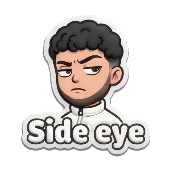 Man giving a suspicious side-eye with 'Side eye' text Curly Hair Guy Daily Vibes sticker for expressive chats and social replies.
