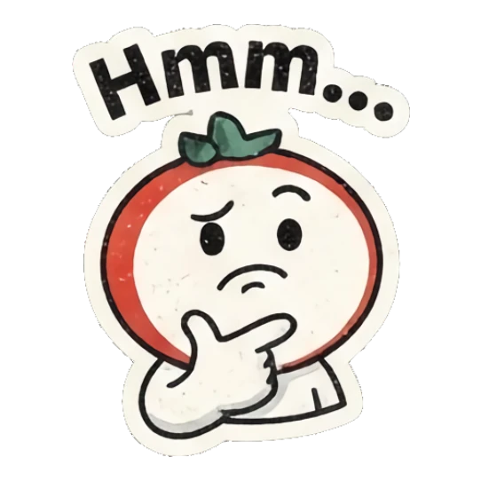 Pensive tomato character resting chin on hand with text Hmm... Retro Tomato Moods sticker for expressive chats and social replies.