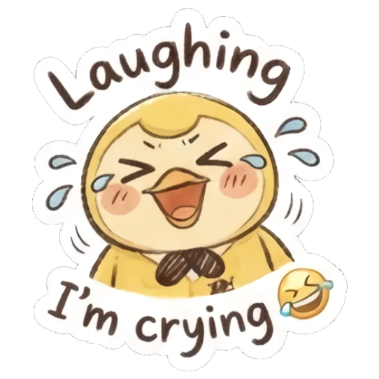 Laughing yellow chick crying tears of joy with text I'm crying. Fluffy Yellow Chick Daily sticker for expressive chats and social replies.