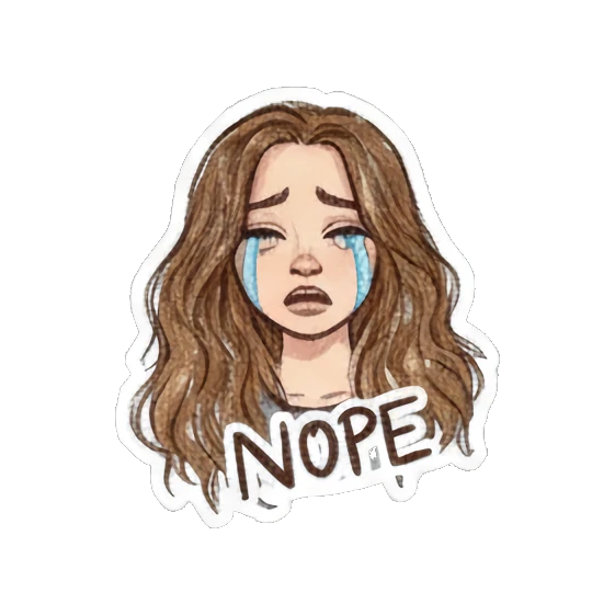 Curly-haired girl crying with NOPE text. Curly Haired Girl Moods sticker for expressive chats and social replies.
